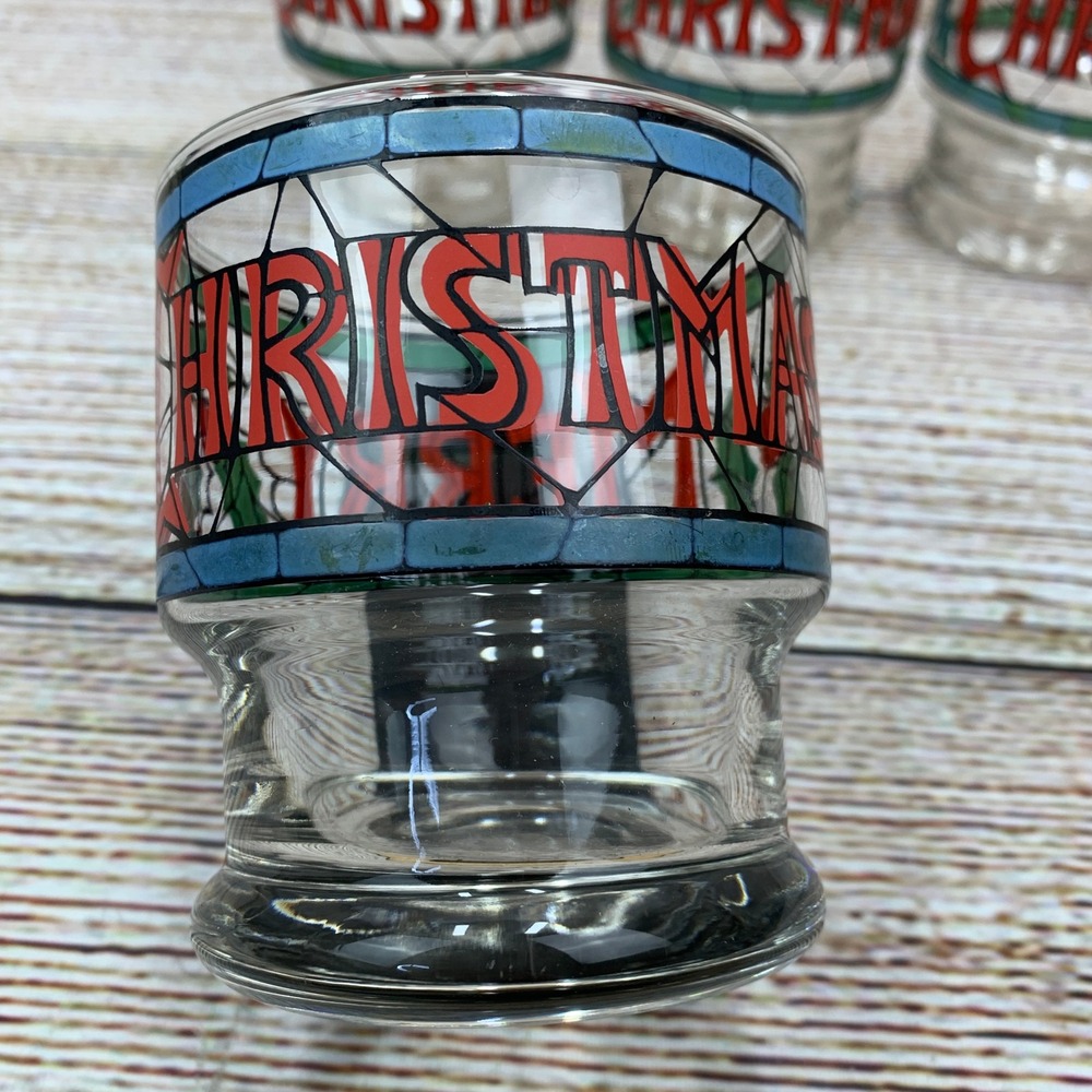 Merry Christmas Drink Glasses Set of 4 Stained Glass Style Holiday Barware - Picture 2 of 8